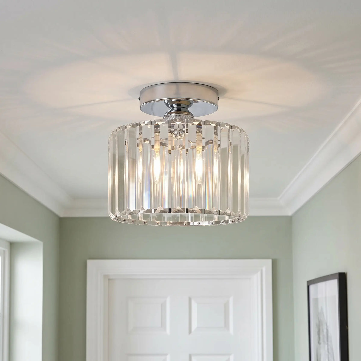 Crystal drum flush ceiling light – Silver – in a hallway