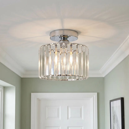 Crystal drum flush ceiling light – Silver – in a hallway