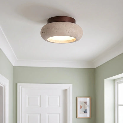Travertine and wood flush ceiling light – Style B – Walnut – in a hallway