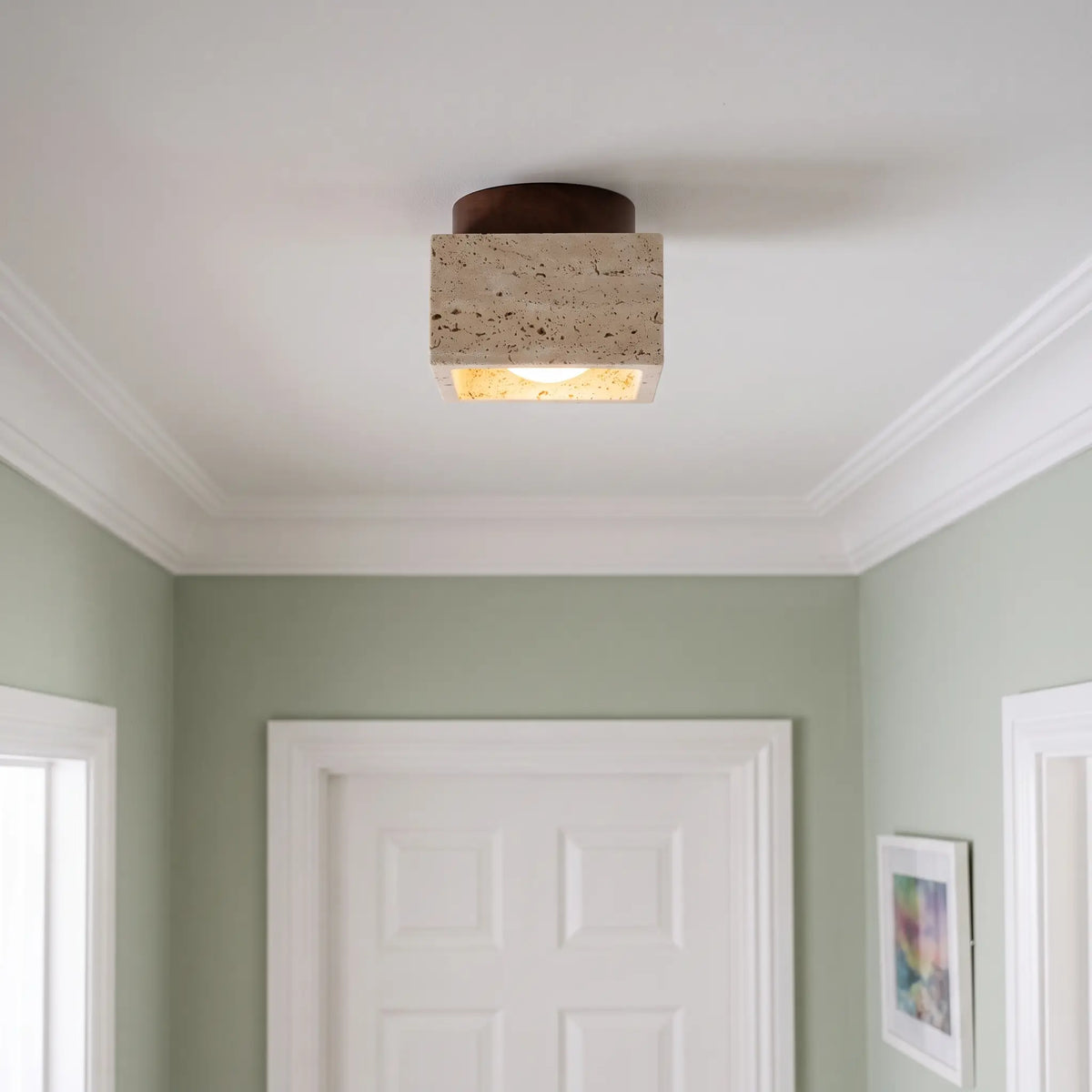 Travertine and wood flush ceiling light – Style C – Walnut – in a hallway