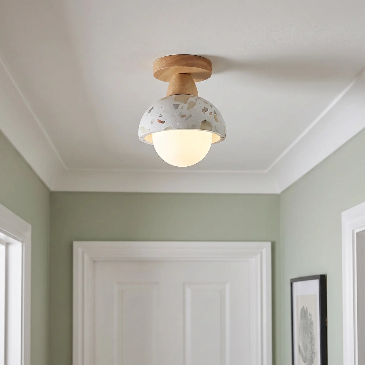 Terrazzo and wood flush ceiling light – Large – Oak – in a hallway