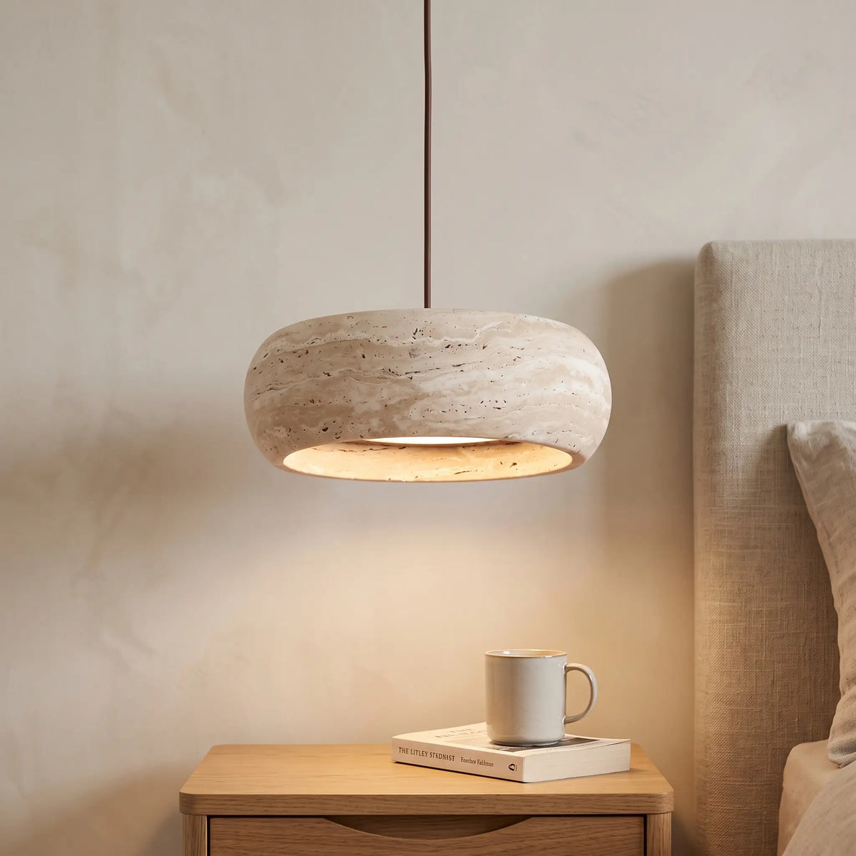 Travertine stone disc pendant light 20cm – Travertine disc – by a bed