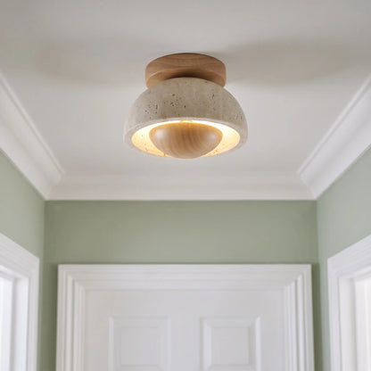 Travertine and wood flush ceiling light – Style A – Oak – in a hallway
