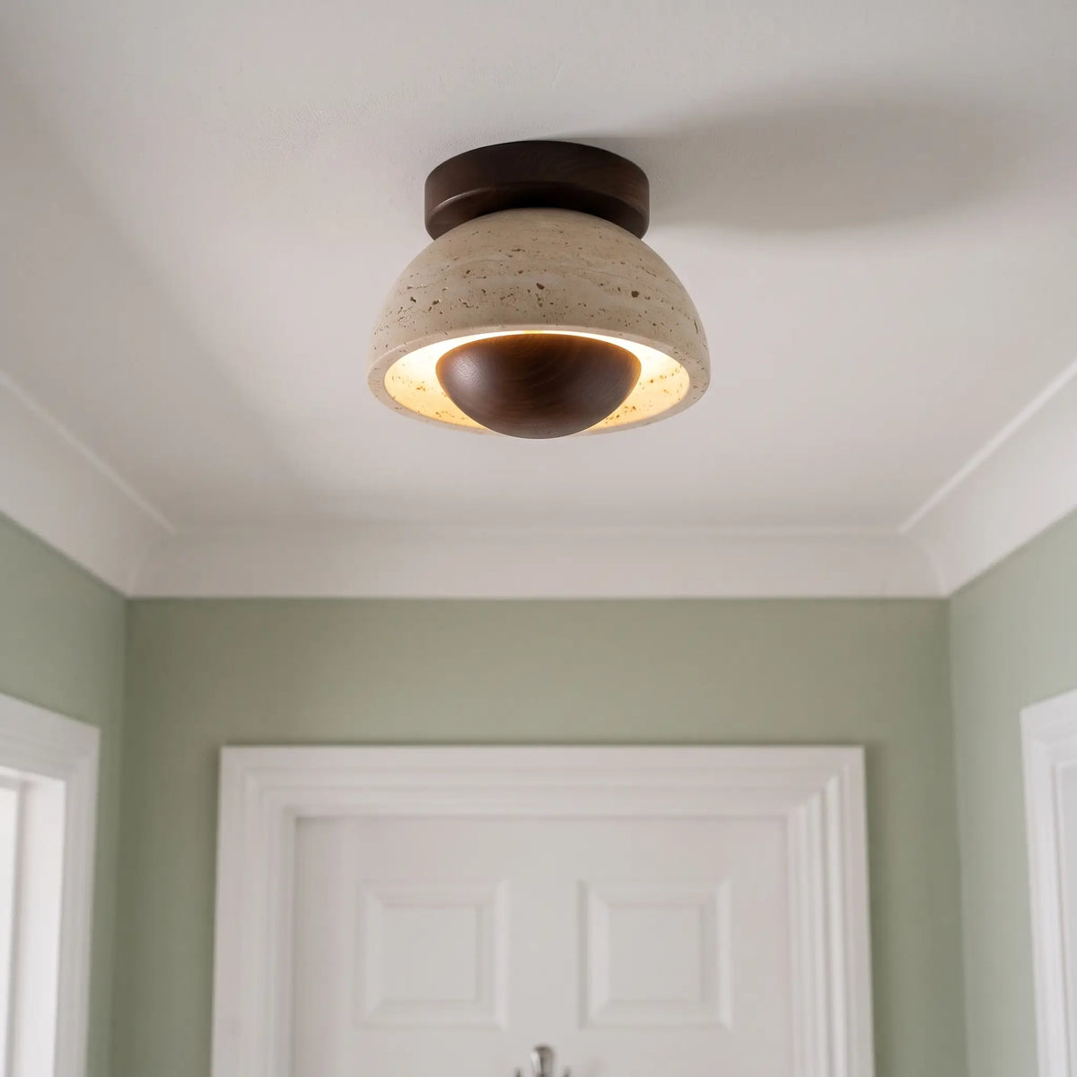 Travertine and wood flush ceiling light – Style A – Walnut – in a hallway