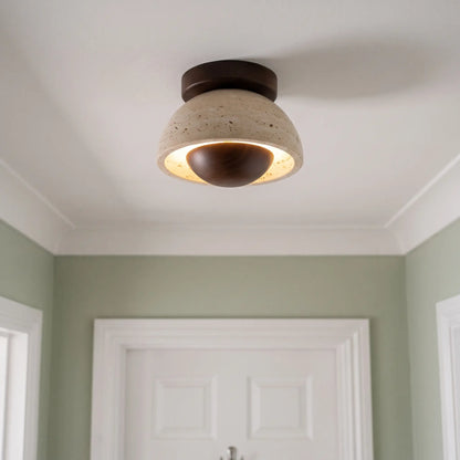 Travertine and wood flush ceiling light – Style A – Walnut – in a hallway