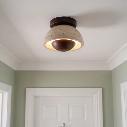 Travertine and wood flush ceiling light – Style A – Walnut – in a hallway