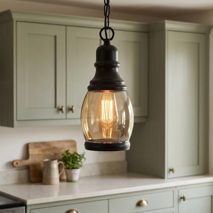 Amber glass industrial pendant light – Tall Oval shade – over a kitchen worktop