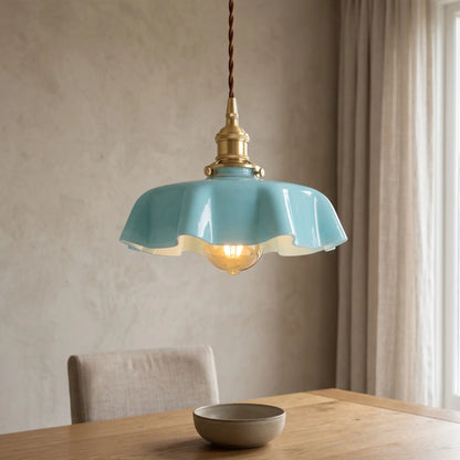Vintage ruffle glass pendant light – Sky Blue – over a dining table