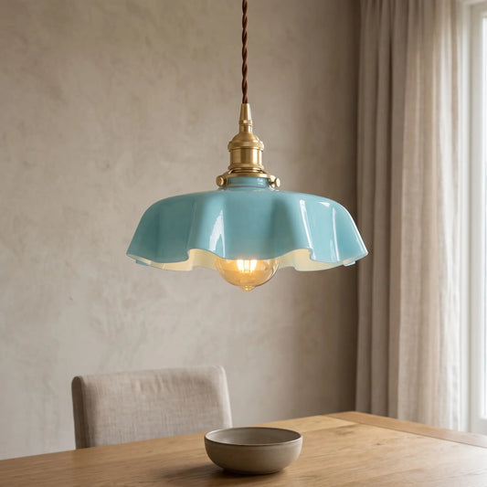 Vintage ruffle glass pendant light – Sky Blue – over a dining table
