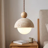 Pendant Light | Travertine Stone Dome Lamp for Bedside, Kitchen Island & Dining Table | Japandi Wabi Sabi, Natural or Walnut Wood Bead, G9, 15cm