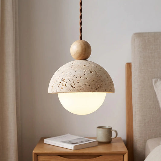 Travertine stone dome pendant light – Natural Wood – beside a bed