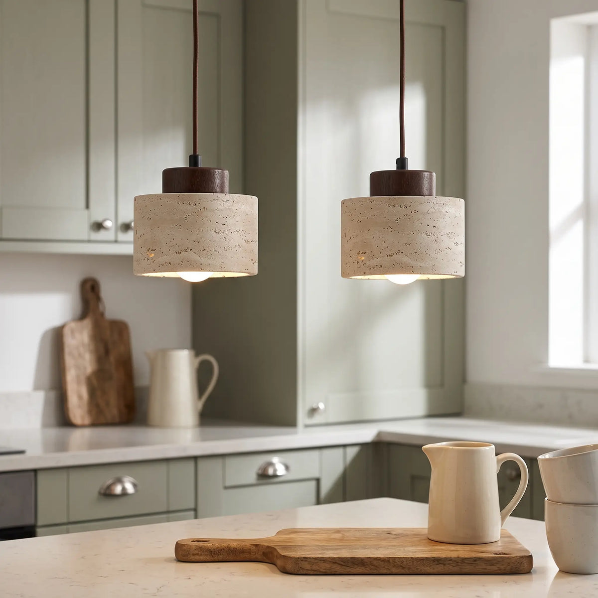Two travertine stone drum pendant lights – Walnut – over a kitchen worktop