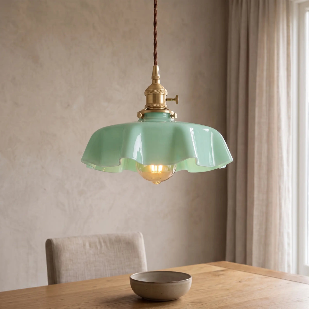 Vintage ruffle glass pendant light – Mint Green – over a dining table