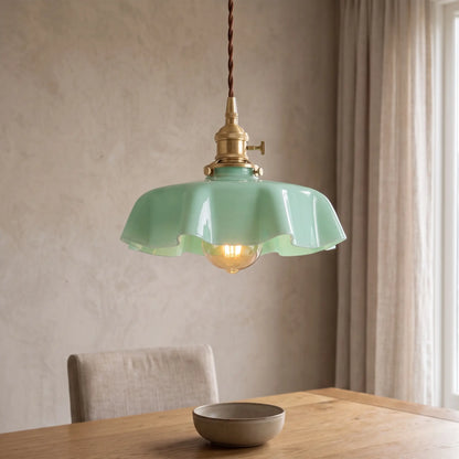 Vintage ruffle glass pendant light – Mint Green – over a dining table