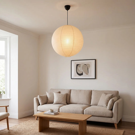 Rice paper lantern pendant light – Beige 50cm – in a living room