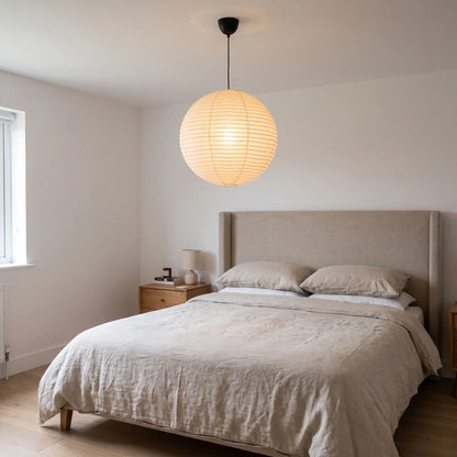 Rice paper lantern pendant light – Beige 40cm – above a bed