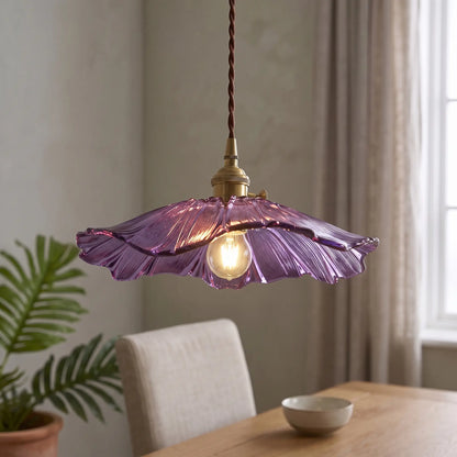 Ribbed glass lotus pendant light – Purple – over a dining table
