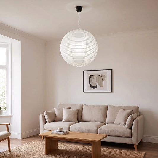 Rice paper lantern pendant light – Off-White 50cm – in a living room