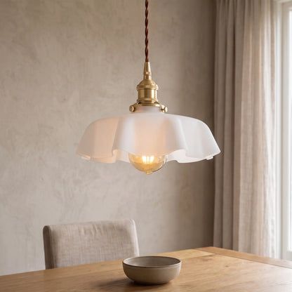 Vintage ruffle glass pendant light – White – over a dining table