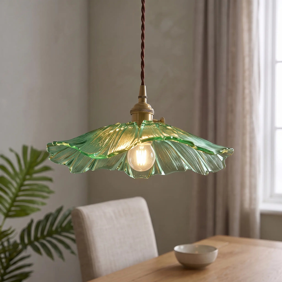 Ribbed glass lotus pendant light – Green – over a dining table