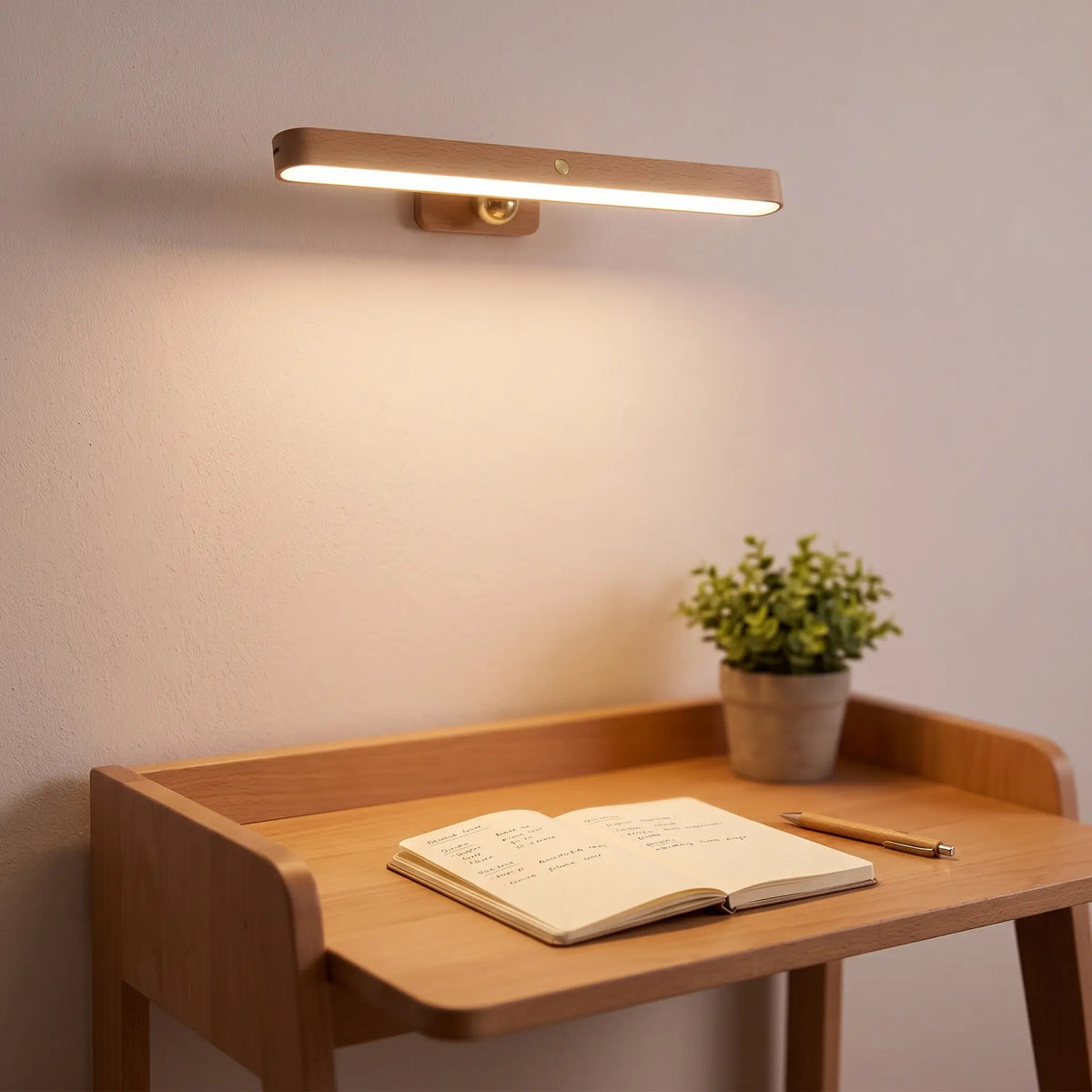 Beech wood rechargeable magnetic LED bar light above a desk