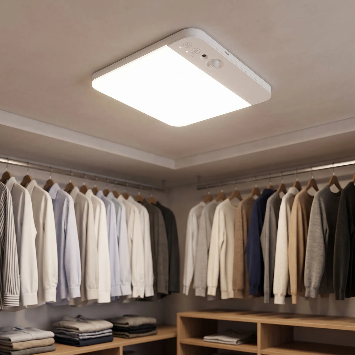 Square battery motion sensor light on a walk-in wardrobe ceiling