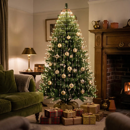 Warm white LED waterfall Christmas tree lights with topper ring on a tree in a living room