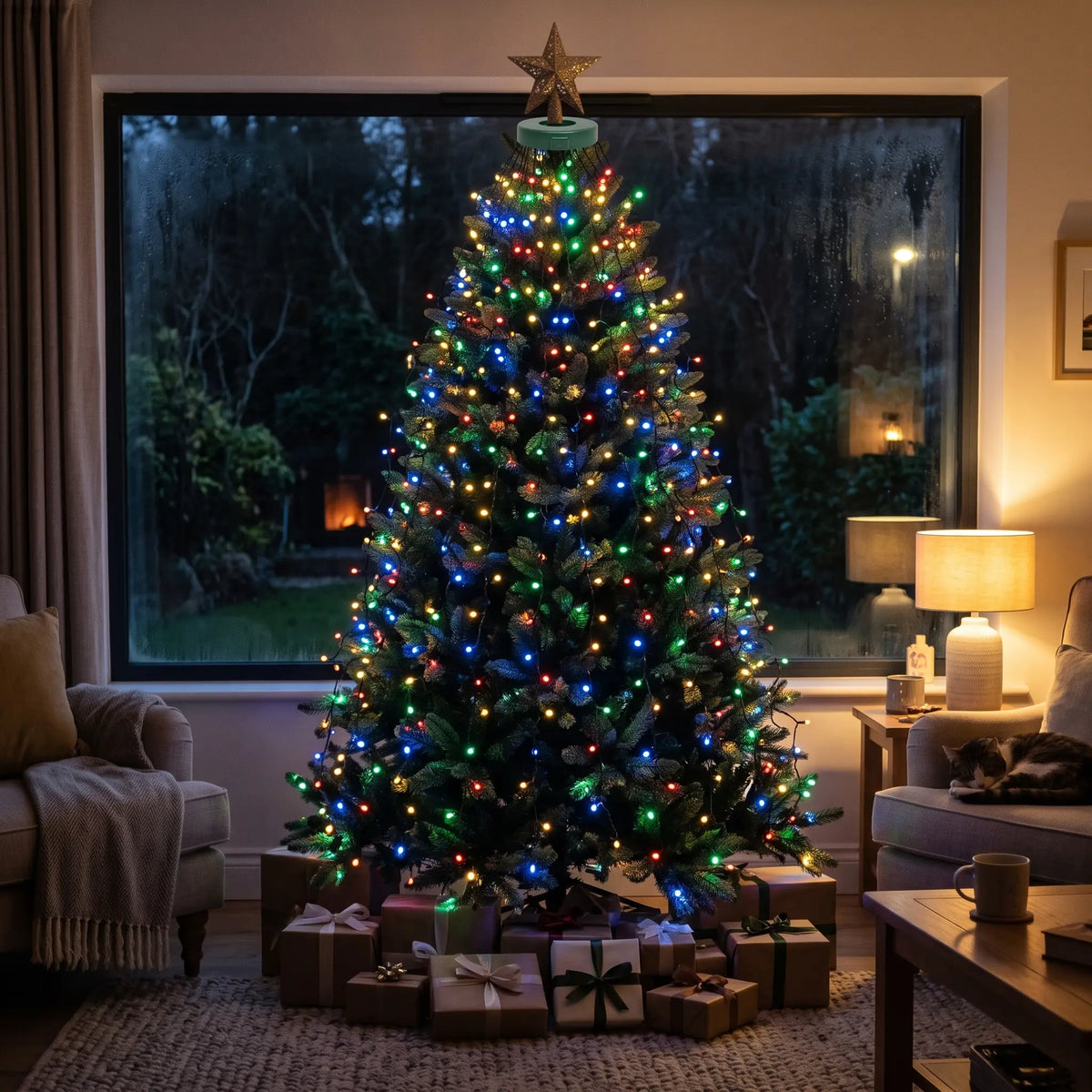 Multicolour LED waterfall Christmas tree lights with topper ring on a tree