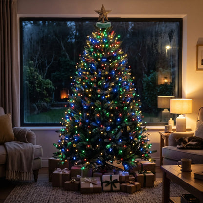 Multicolour LED waterfall Christmas tree lights with topper ring on a tree