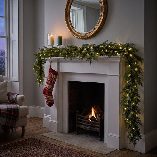 Pre-lit artificial cedar Christmas garland with warm white lights on a fireplace mantelpiece