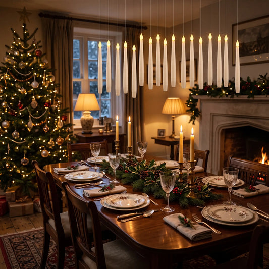 Flameless LED hanging candles floating above a Christmas dinner table