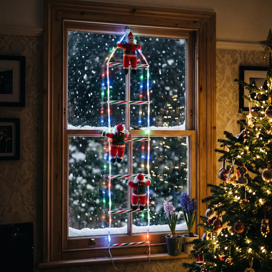 Climbing Santa ladder LED Christmas lights hanging in a living room window