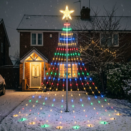 Multicolour star waterfall outdoor Christmas tree lights in a snowy front garden
