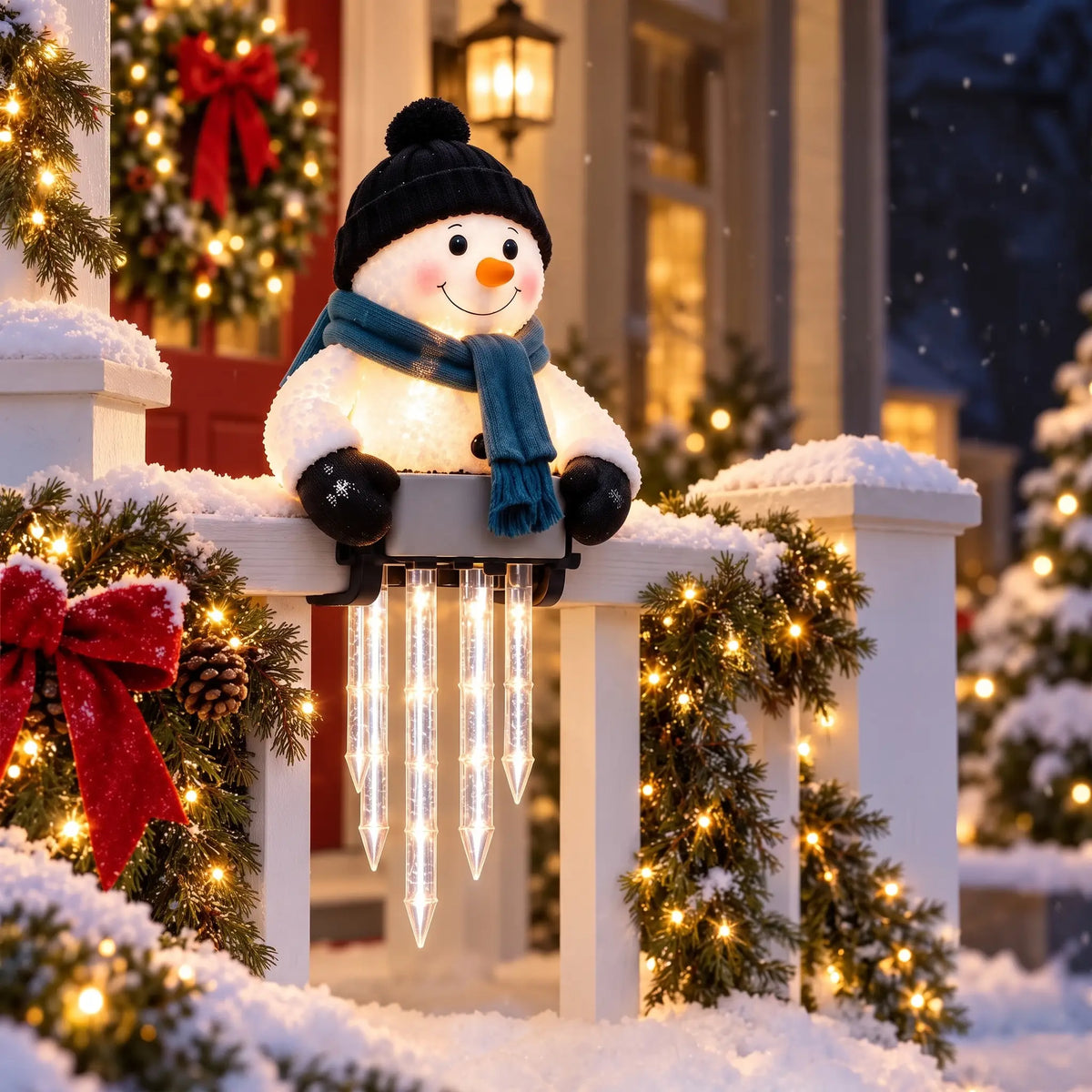 Light up snowman with blue hat and glowing icicle lights on a porch railing