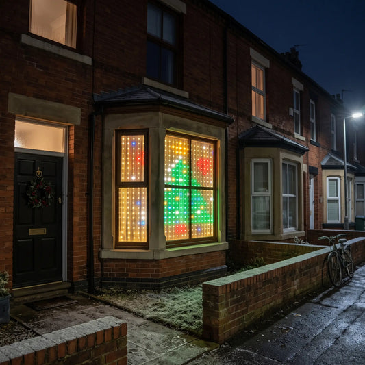 Colour changing LED curtain lights showing a Christmas tree in a front bay window at night