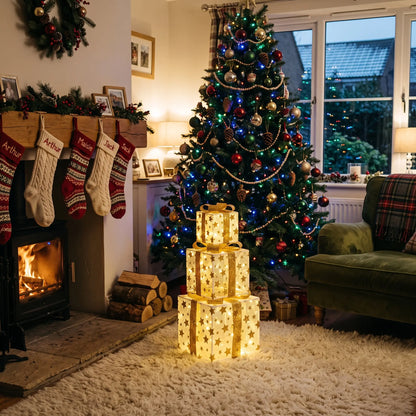 Set of 3 light up Christmas gift boxes, white mesh with gold stars, under a Christmas tree