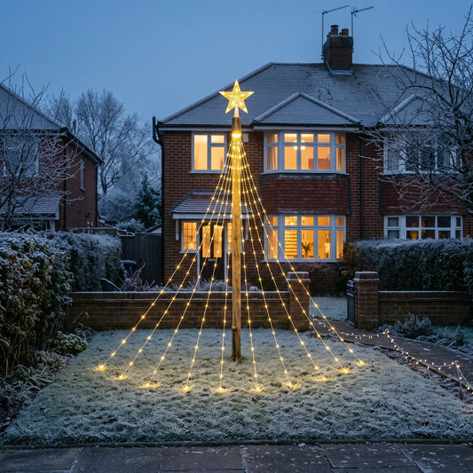 Warm white star waterfall outdoor Christmas tree lights in a front garden at dusk