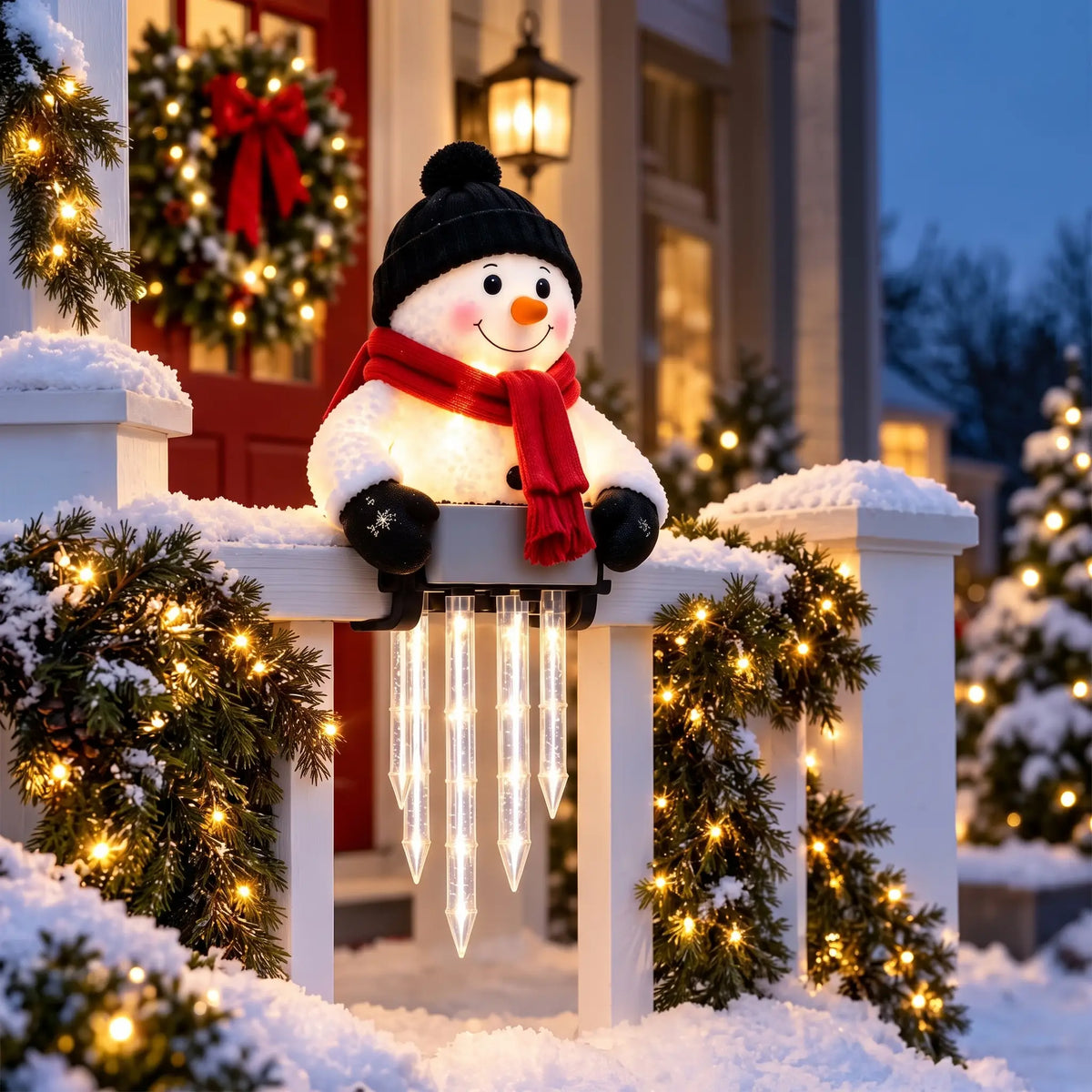 Light up snowman with red hat and glowing icicle lights on a porch railing