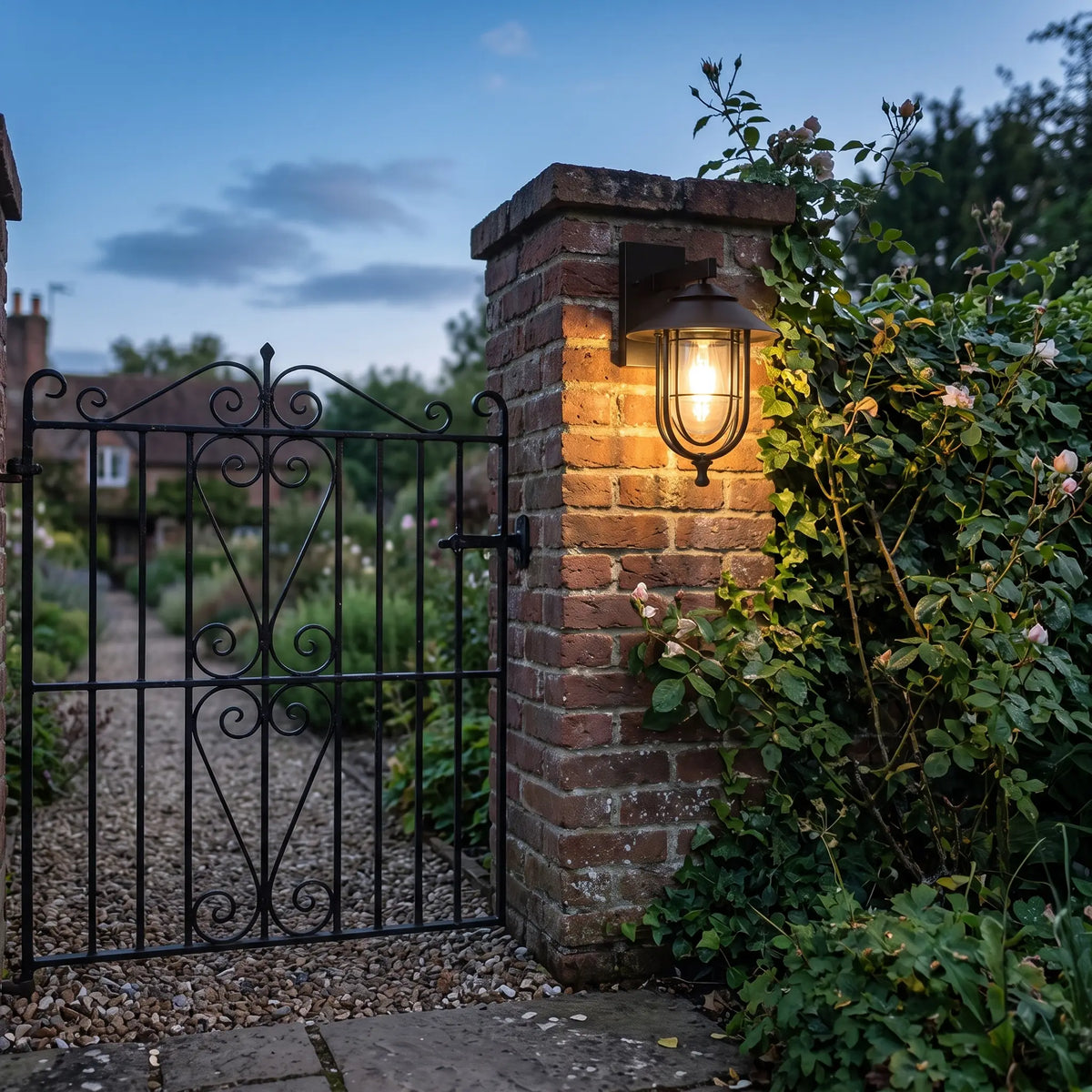 Black cage outdoor wall lantern, 29cm, on a gate pillar