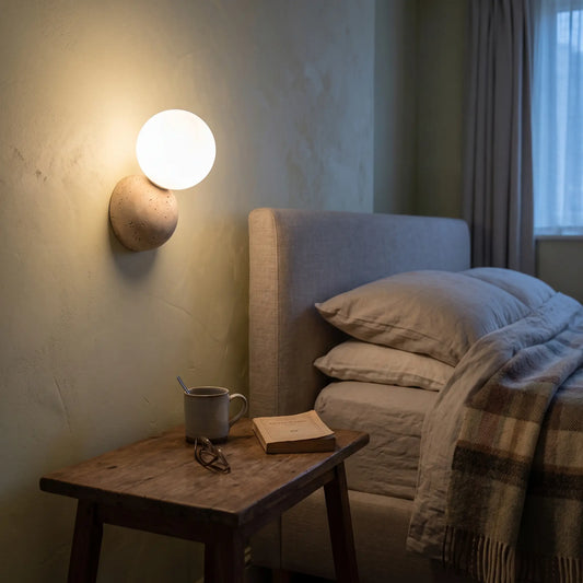 Travertine wall light, glass globe on stone ball, bedroom