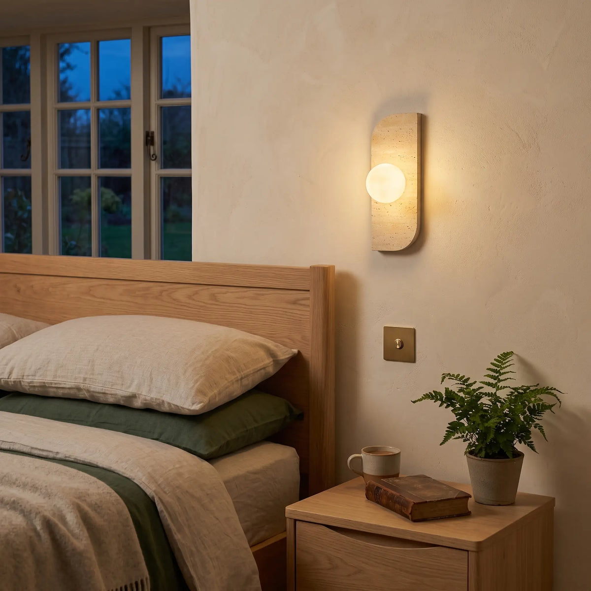Travertine stone panel wall light with globe, bedroom