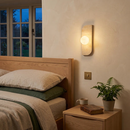 Travertine stone panel wall light with globe, bedroom