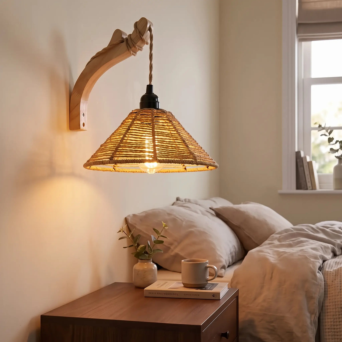 Woven bamboo cone wall sconce on a wooden arm above a bedside table