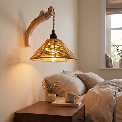 Woven bamboo cone wall sconce on a wooden arm above a bedside table