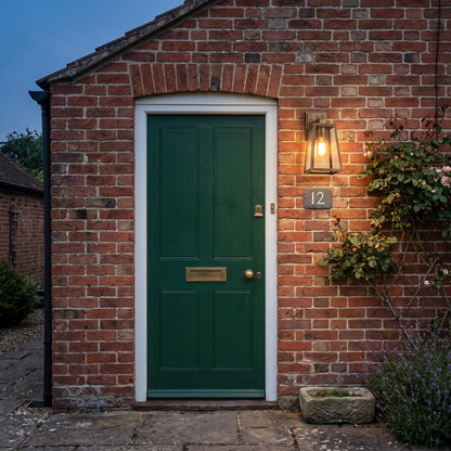 Bronze tapered outdoor wall lantern beside a brick cottage door