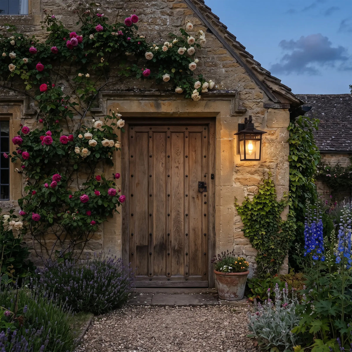 Black pavilion outdoor wall lantern beside a stone cottage door