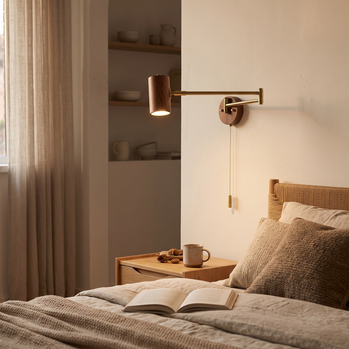Walnut swing arm wall light with brass arm, reading light above a bed