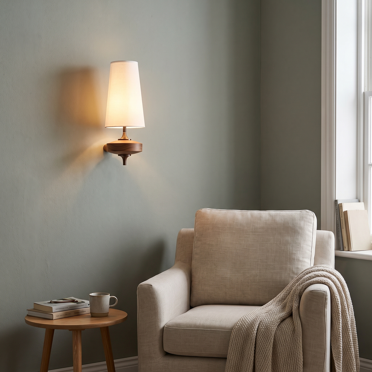 White fabric wall light with tall shade and wooden base, lit beside a linen armchair