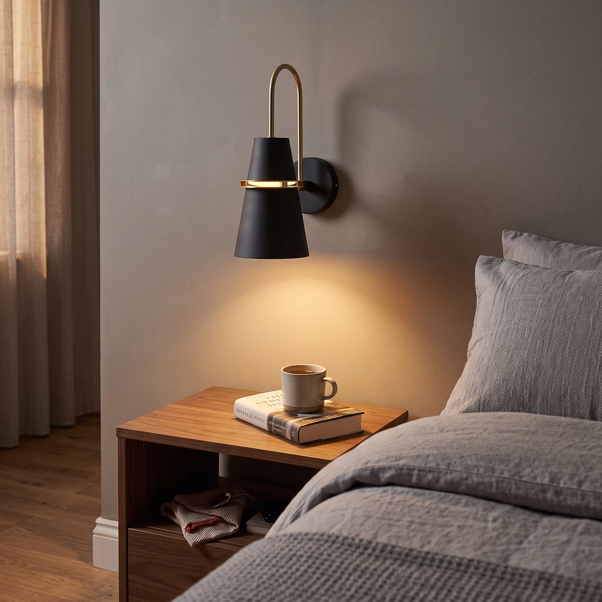 Black Nordic cone wall light with brass ring, lit above a bedside table