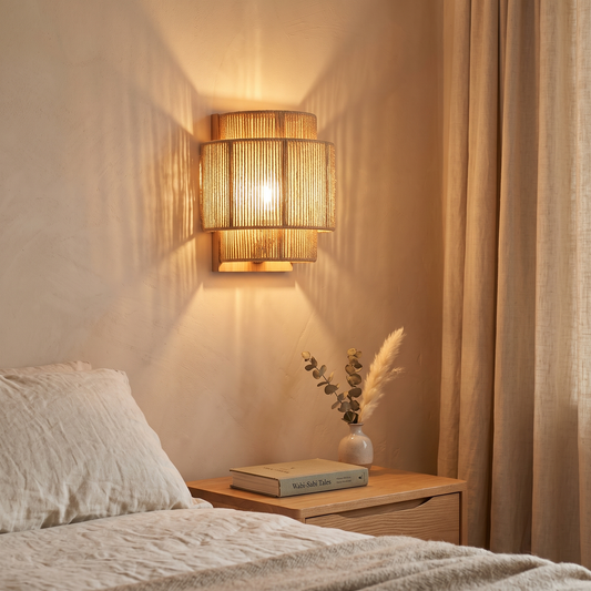 Tiered natural rope wall light glowing above a bedside table